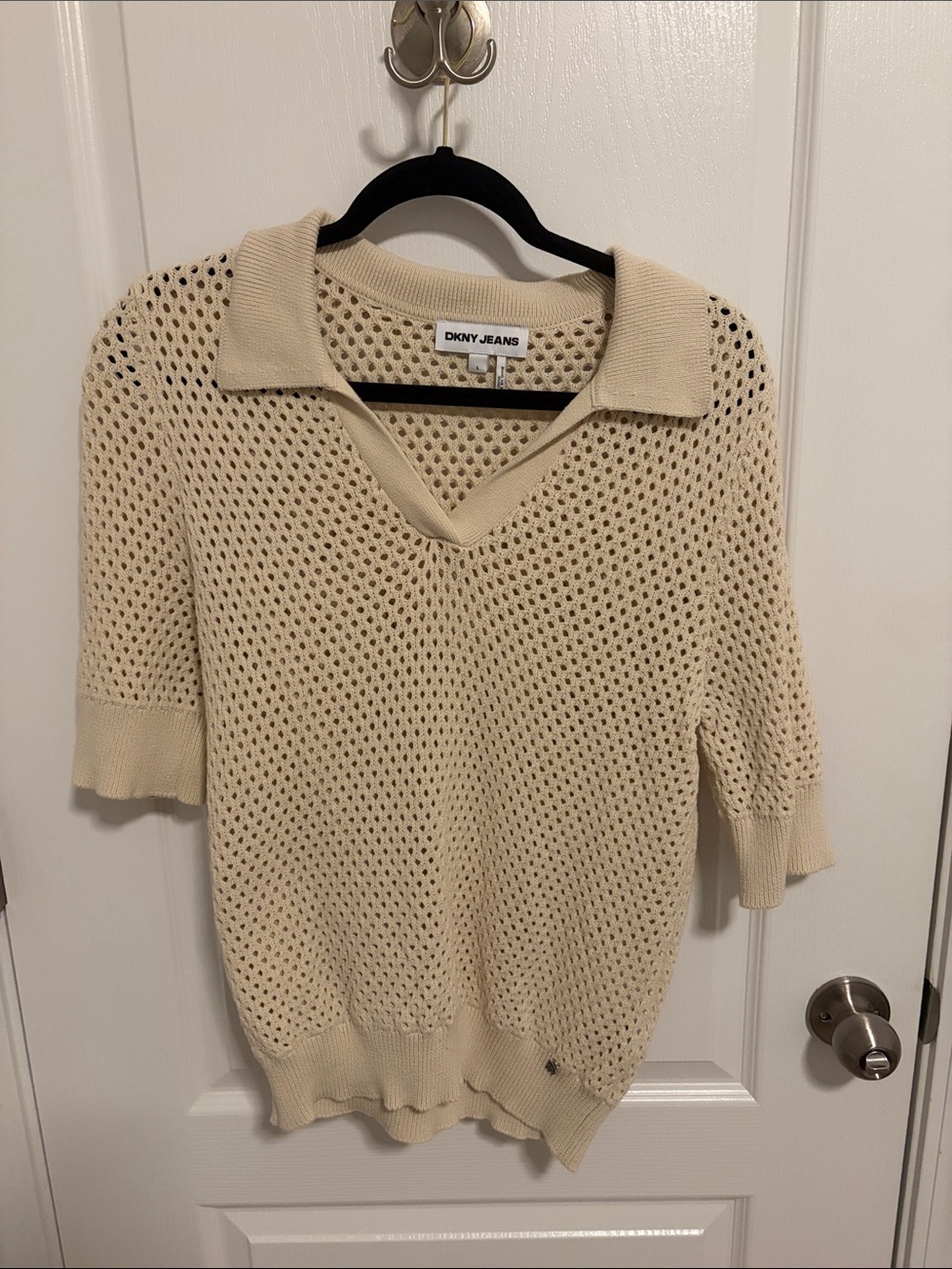 DKNY Open-Knit Collared V-Neck Sweater in Cream
